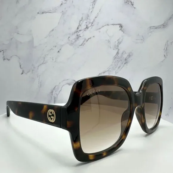 New GUCCI Sunglasses Brown Black Tortoise Square Women's Gold GG Logo Oversized - Picture 4 of 16